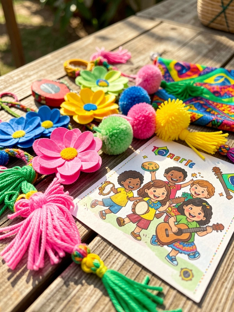 Mesa rústica de madeira com flores de papel, pompons e borlas coloridas, luz natural e fundo com tecidos vibrantes.