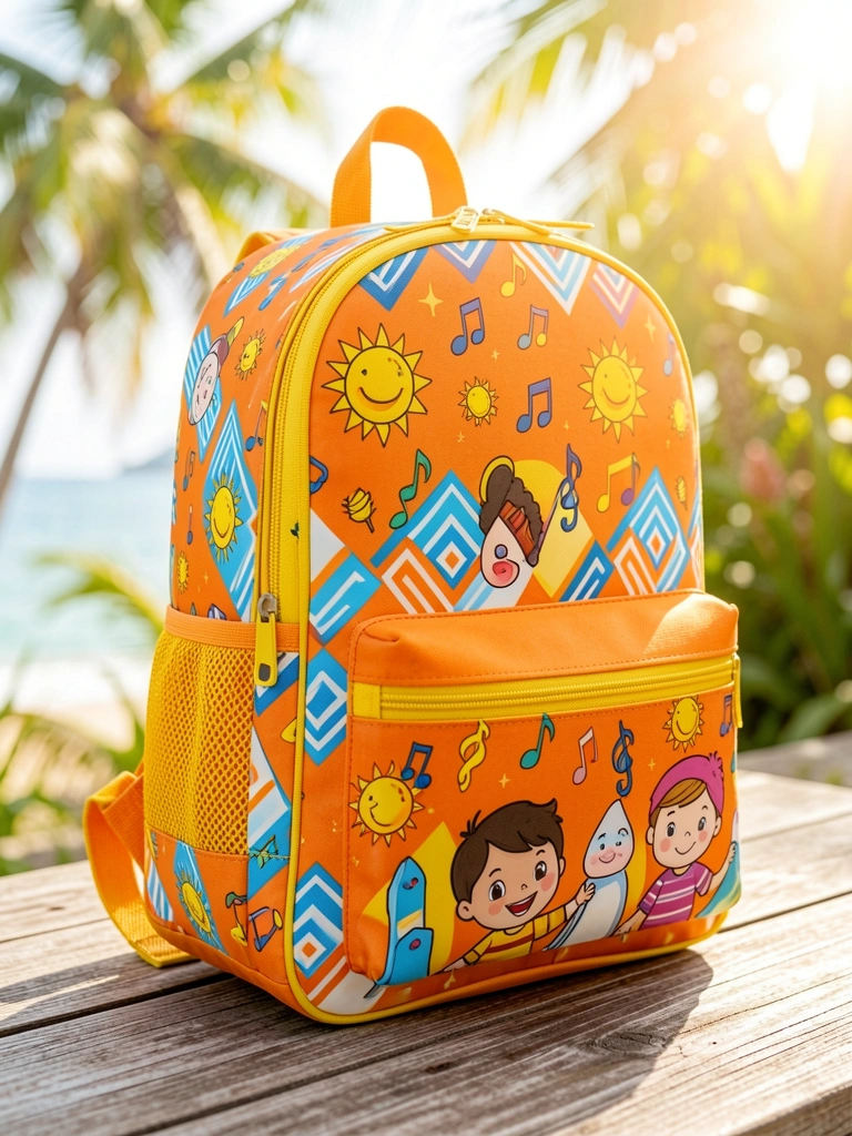Mochila infantil laranja e amarela com estampa de notas musicais, sóis e crianças, apoiada sobre superfície de madeira, luz natural tropical.