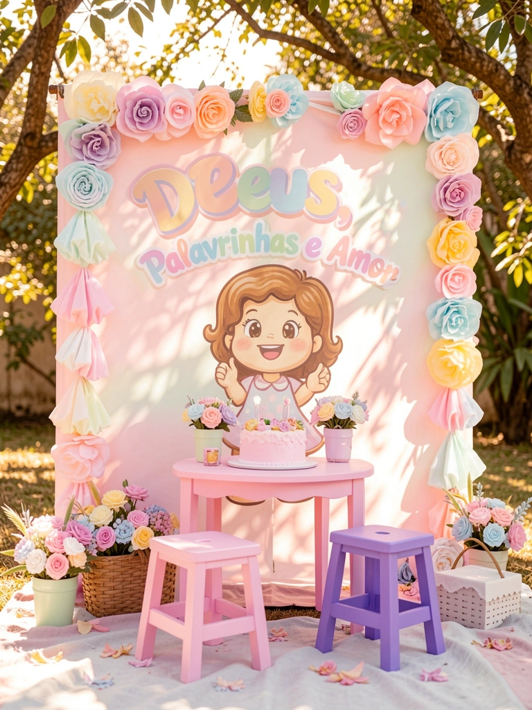Festa ao ar livre com painel decorado, mesa rosa com bolo e banquinho roxo, luz do sol filtrada por folhagens.
