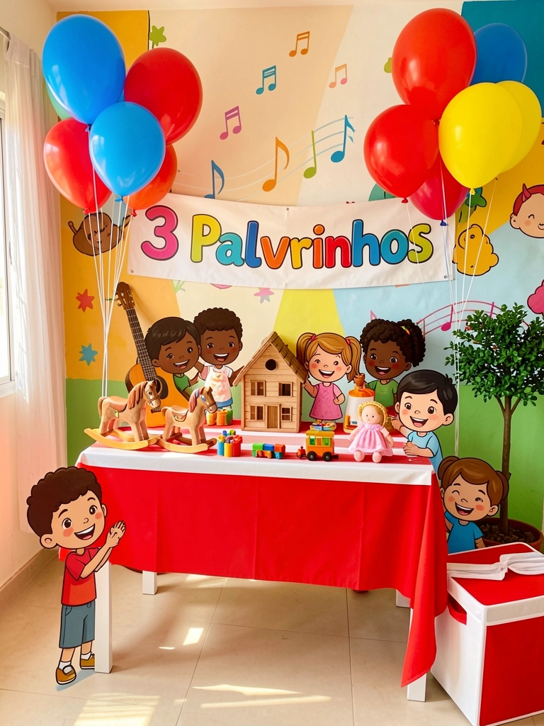 Mesa vermelha e branca com balões coloridos, guitarra, cavalo de balanço e boneca; luz natural incide sobre a cena festiva infantil.