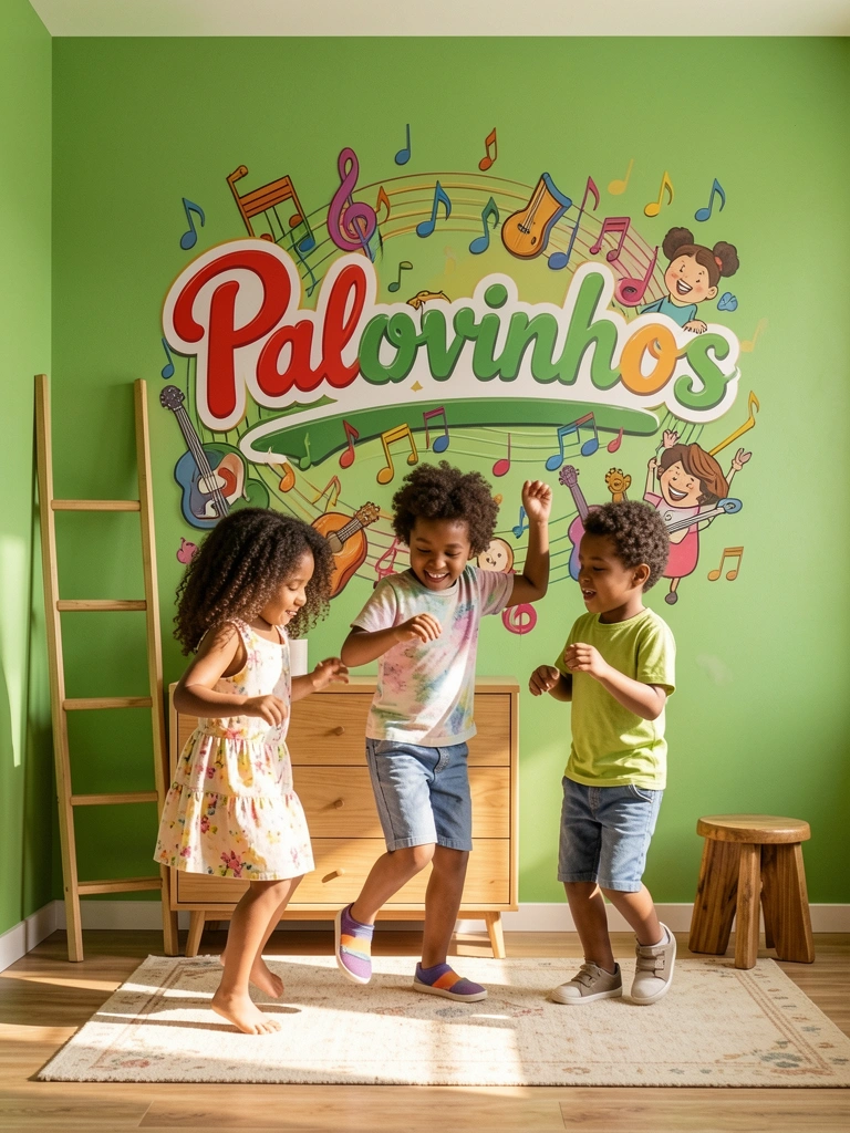 Três crianças dançam em frente a um mural colorido com a palavra 