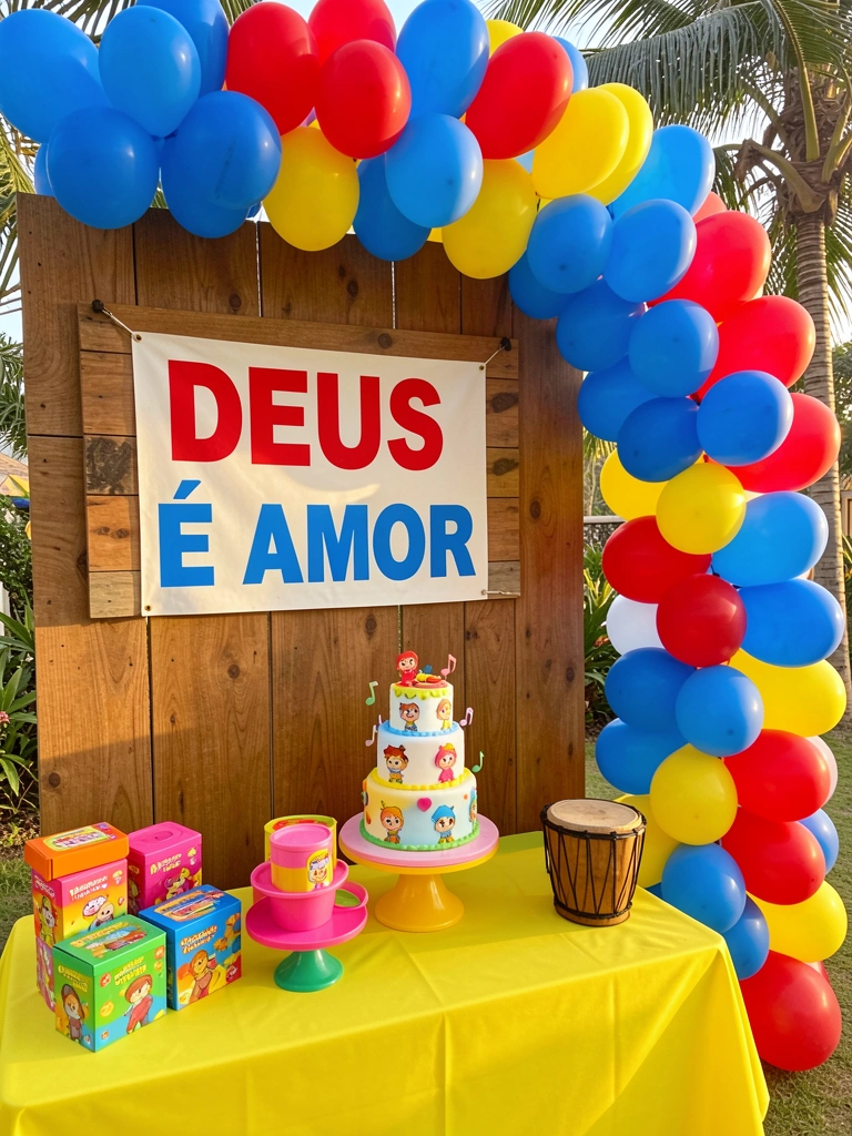 Balões azuis, vermelhos e amarelos formam arco sobre painel de madeira com banner 