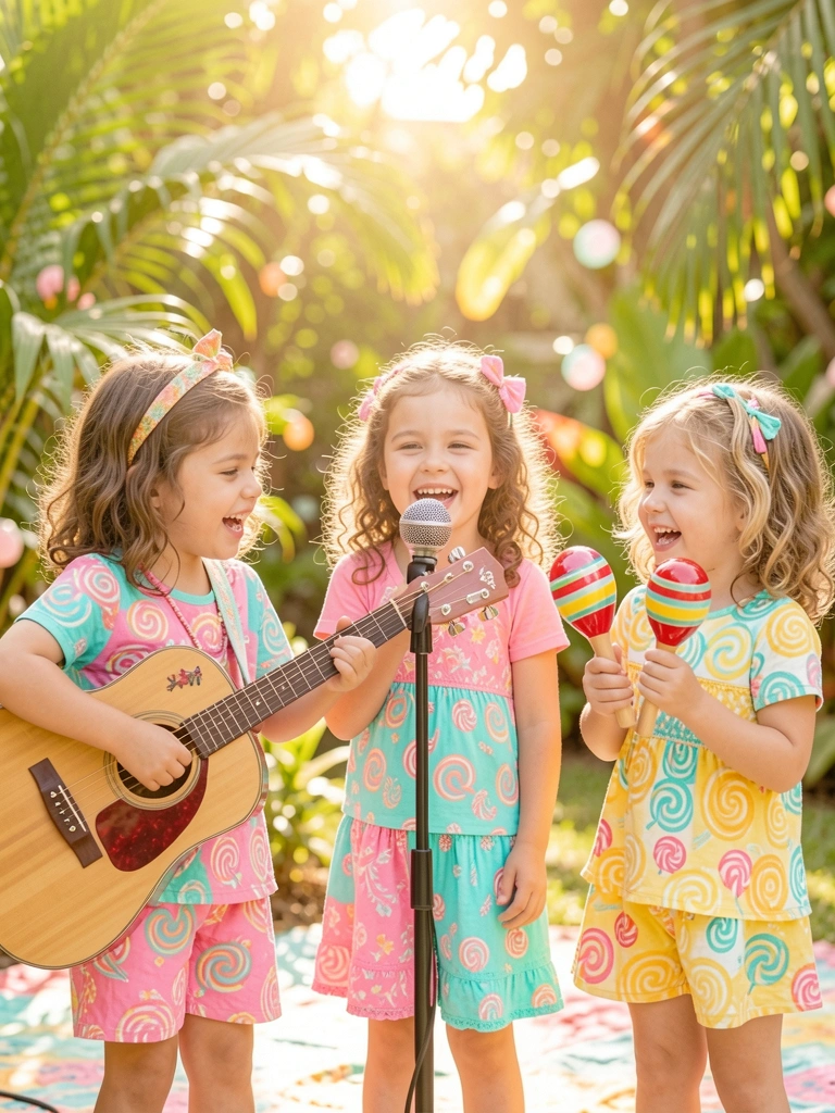 Crianças tocando violão, microfone e maracas em roupas rosa, turquesa e amarelo, luz manchada por folhagens ao fundo.