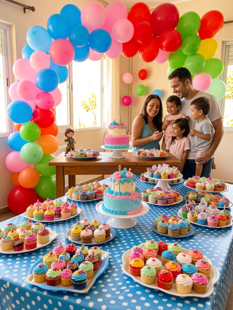 Mesa infantil com toalha azul e branca, bolo de andares com glacê azul e rosa, arco de balões coloridos ao fundo e família sorrindo.