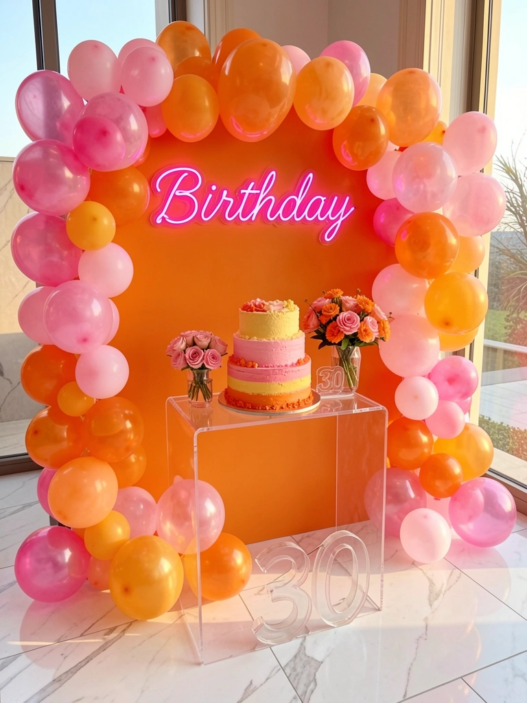 Arco laranja curvo com letreiro rosa 