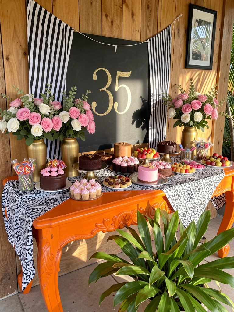 Mesa de madeira laranja ornamentada com toalha xadrez preta e branca, bolos, cupcakes e rosas em vasos dourados, quadro negro com 