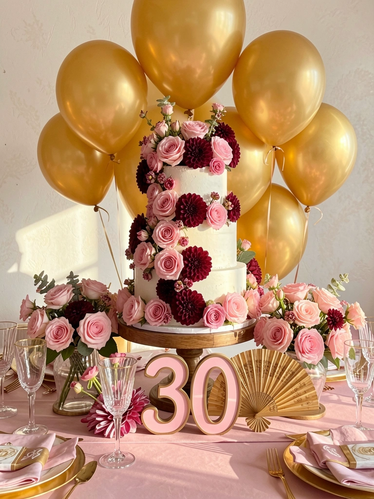 Bolo de andares com rosas cor-de-rosa e dália bordô, balões dourados e letreiro 