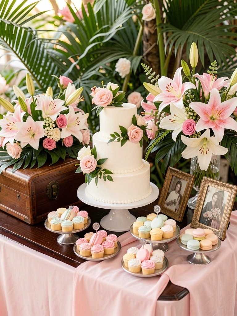 Bolo de casamento de três camadas sobre mesa de madeira escura com rosas, lírios e cupcakes em tons pastel, luz natural suave.