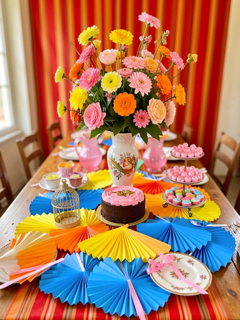 Mesa de madeira com toalha listrada vermelha e laranja, arranjo floral alto em vaso com flores rosa, amarelas e laranja, leques de papel azuis e amarelos ao redor, bolo com glacê rosa e suporte de dois andares com doces.