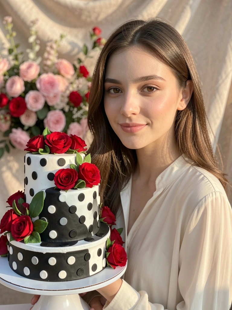 Jovem com blusa fluida e sorriso suave ao lado de bolo de bolinhas com rosas vermelhas, luz natural e fundo floral desfocado.