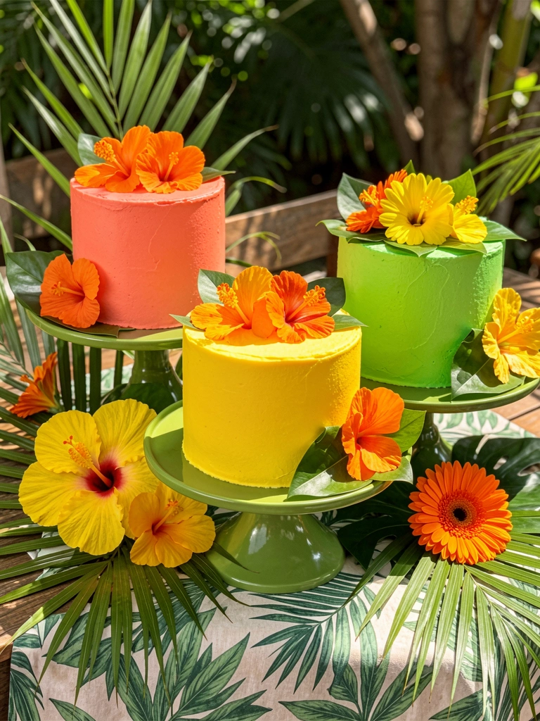 Três bolos coloridos em suportes verdes, decorados com flores tropicais e folhas, sobre mesa de madeira rústica com toalha estampada, luz natural.