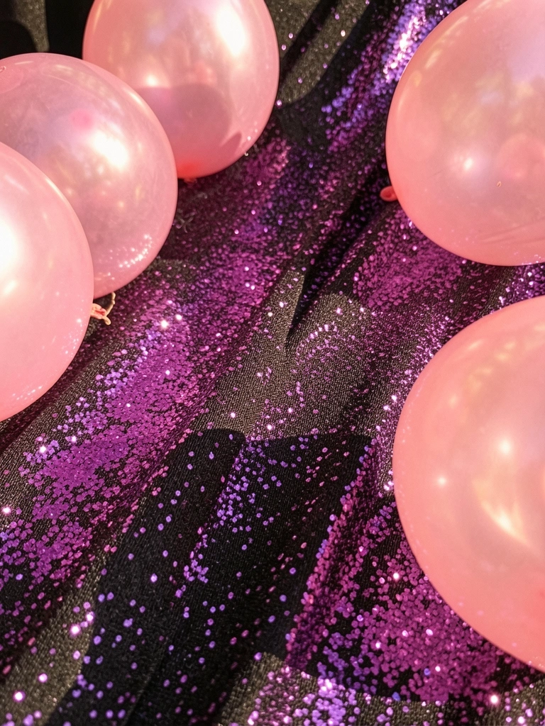 Fundo preto brilhante com purpurina roxa, balões rosa refletindo glitter, luz difusa e quente.
