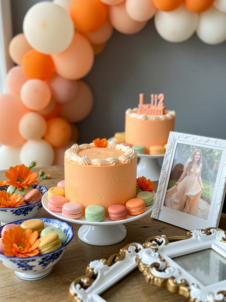 Bolo laranja pastel com glacê branco, macarons coloridos e flores laranja em louça azul e branca, moldura Polaroid vintage e arco de balões laranja e pêssego ao fundo, luz natural suave.