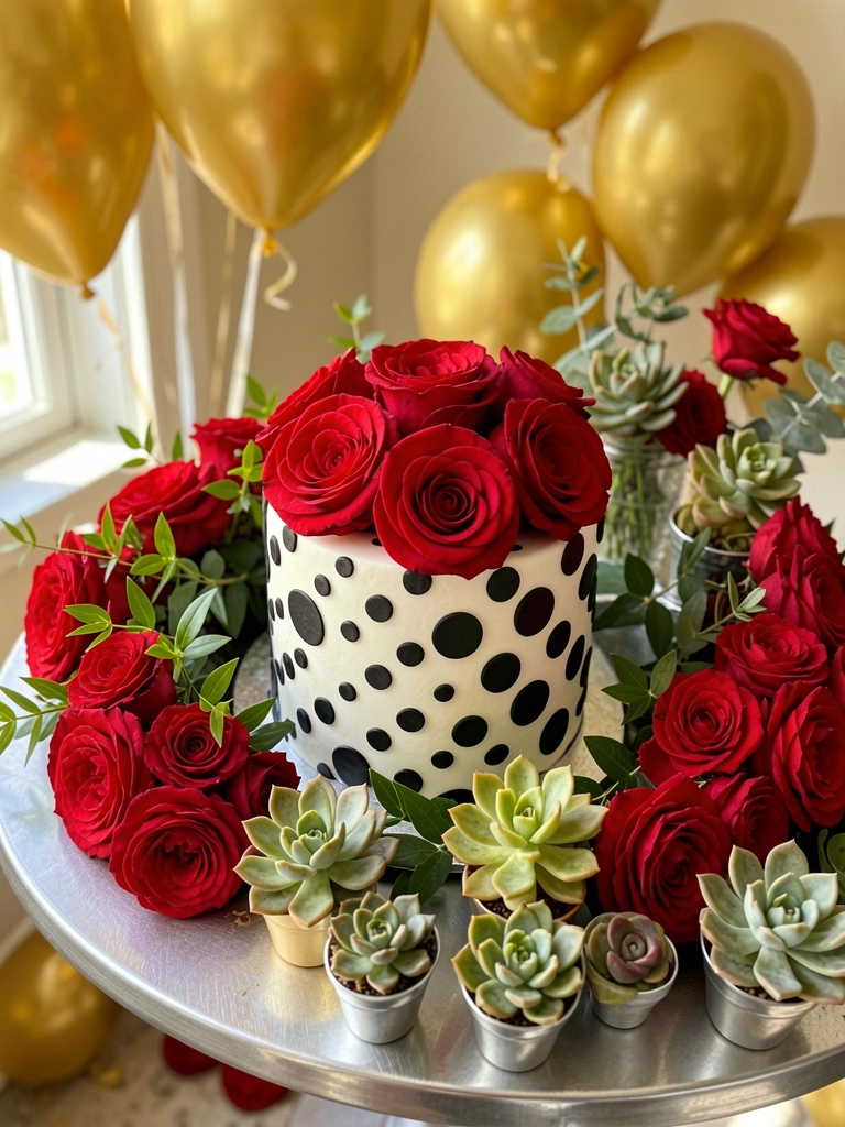Close-up de bolo de bolinhas preto e branco com rosas vermelhas, flores frescas e folhagens, balões dourados ao fundo, luz natural.