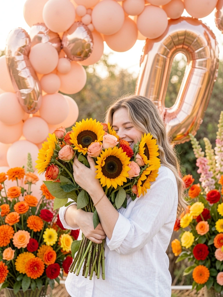 Mulher de cabelos ondulados abraçando buquê de girassóis e rosas, arco de balões blush e números champagne ao fundo, luz natural.