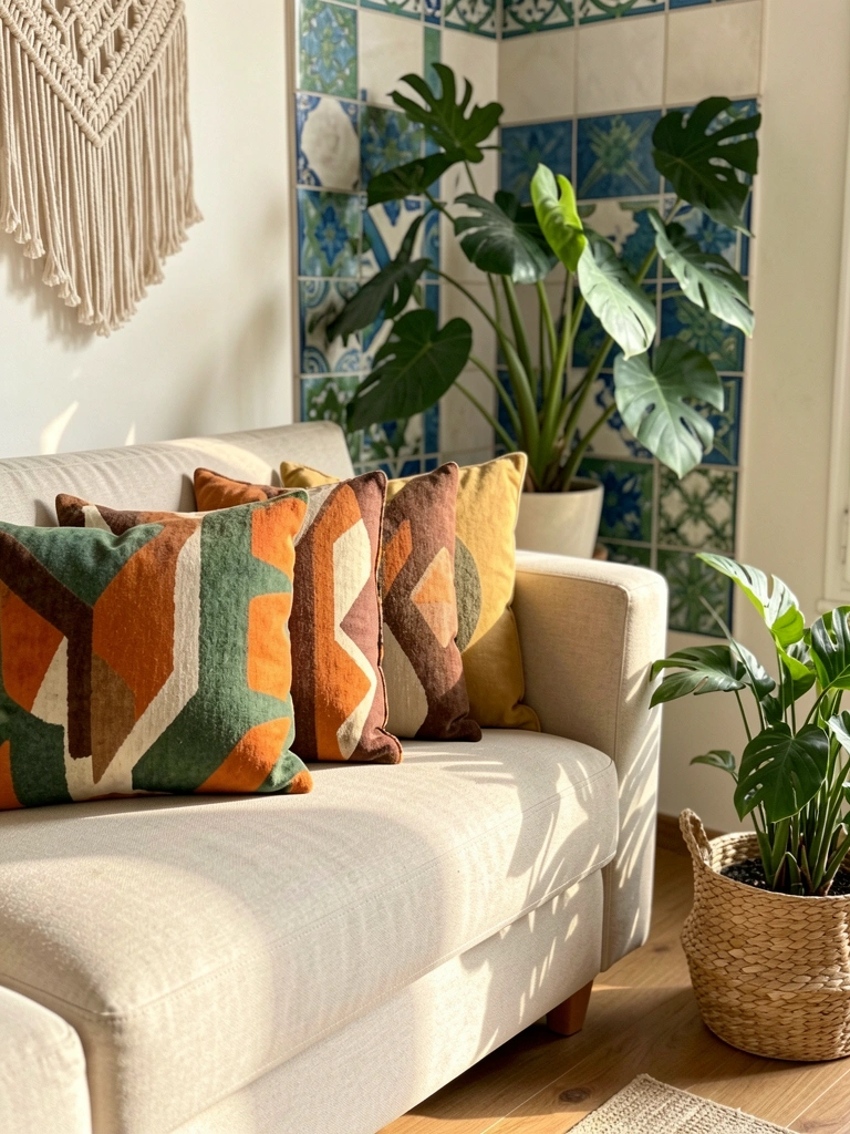 Almofadas laranja e verde com padrões geométricos sobre sofá bege, plantas em cestos e painel de azulejos azuis, luz natural.