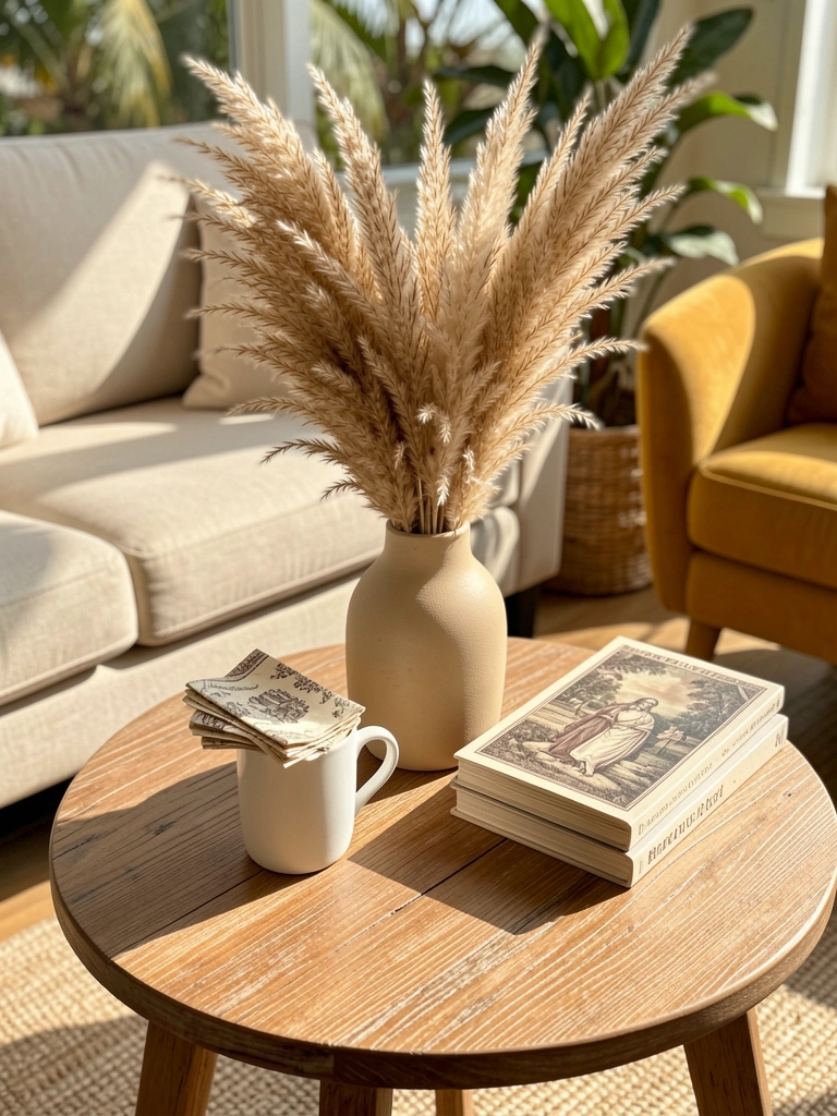 Mesa redonda de madeira com vaso bege de pampas secos, caneca com guardanapos estampados e livros empilhados, sofá claro e poltrona mostarda ao fundo.