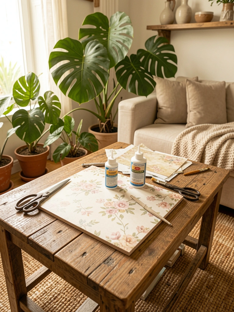Materiais de decoupage sobre mesa rústica de madeira: placa MDF com florais, papéis estampados, tesoura e pincel, luz natural destacando texturas e folhagens ao fundo.