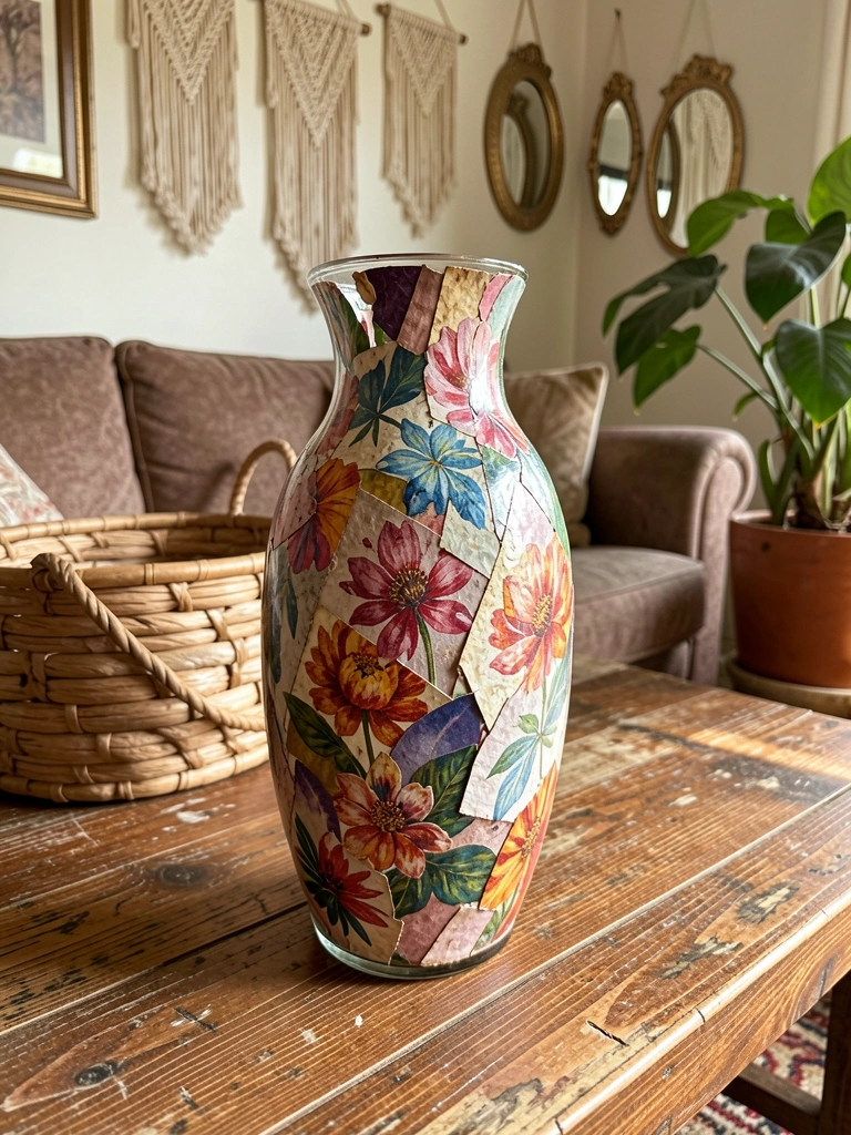 Vaso de vidro com decoupage floral sobre mesa rústica de madeira, cesto de palha e sofá estofado ao fundo, luz natural destacando texturas.