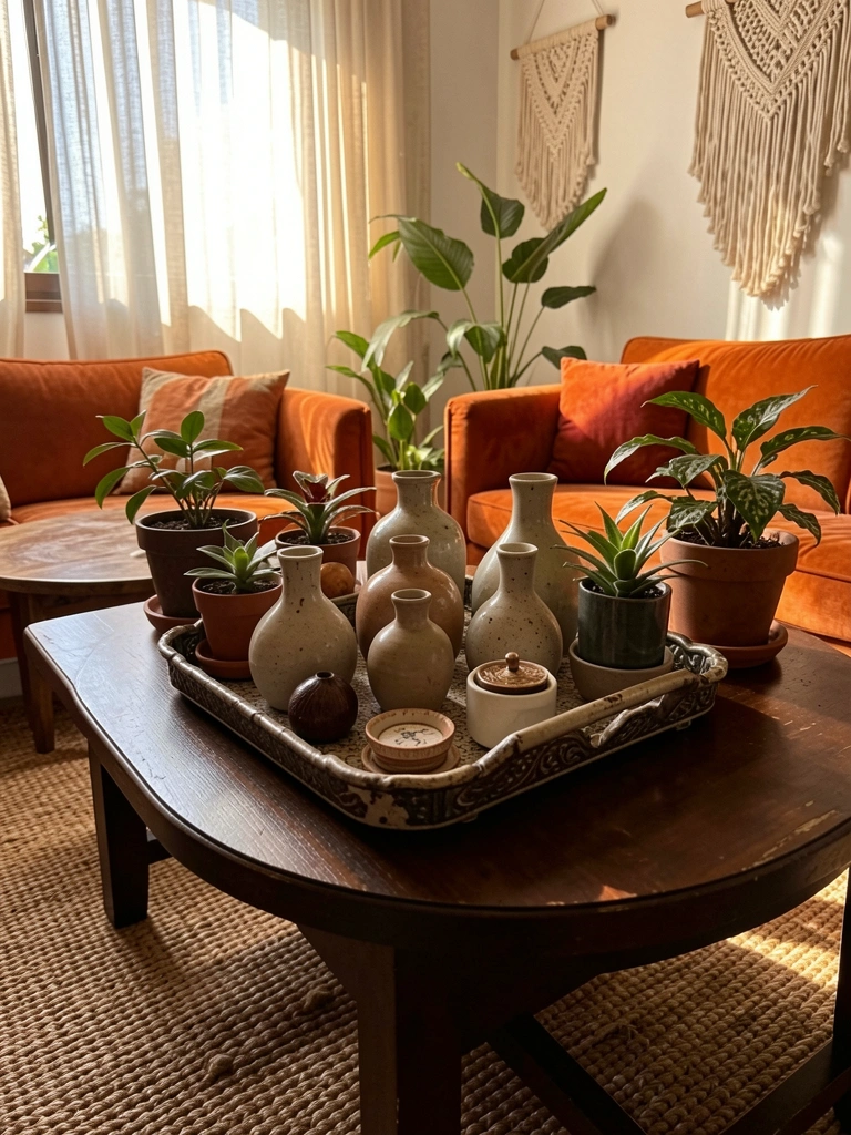 Bandeja vintage com vasos cerâmicos e objetos decorativos sobre mesa de madeira escura, sofá laranja aveludado e luz natural filtrada por cortina.