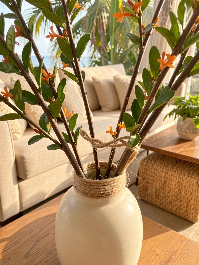 Ramos verdes com florzinhas laranjas amarrados com barbante em vaso de cerâmica creme, sofá bege texturizado ao fundo.