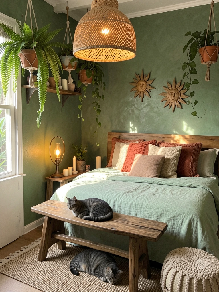 Luminária de rattan tecida ilumina parede verde texturizada com samambaias penduradas e trepadeiras, cama com colcha verde-clara e almofadas de tricô em terracota e bege, gato cinza em banco de madeira sob tapete.