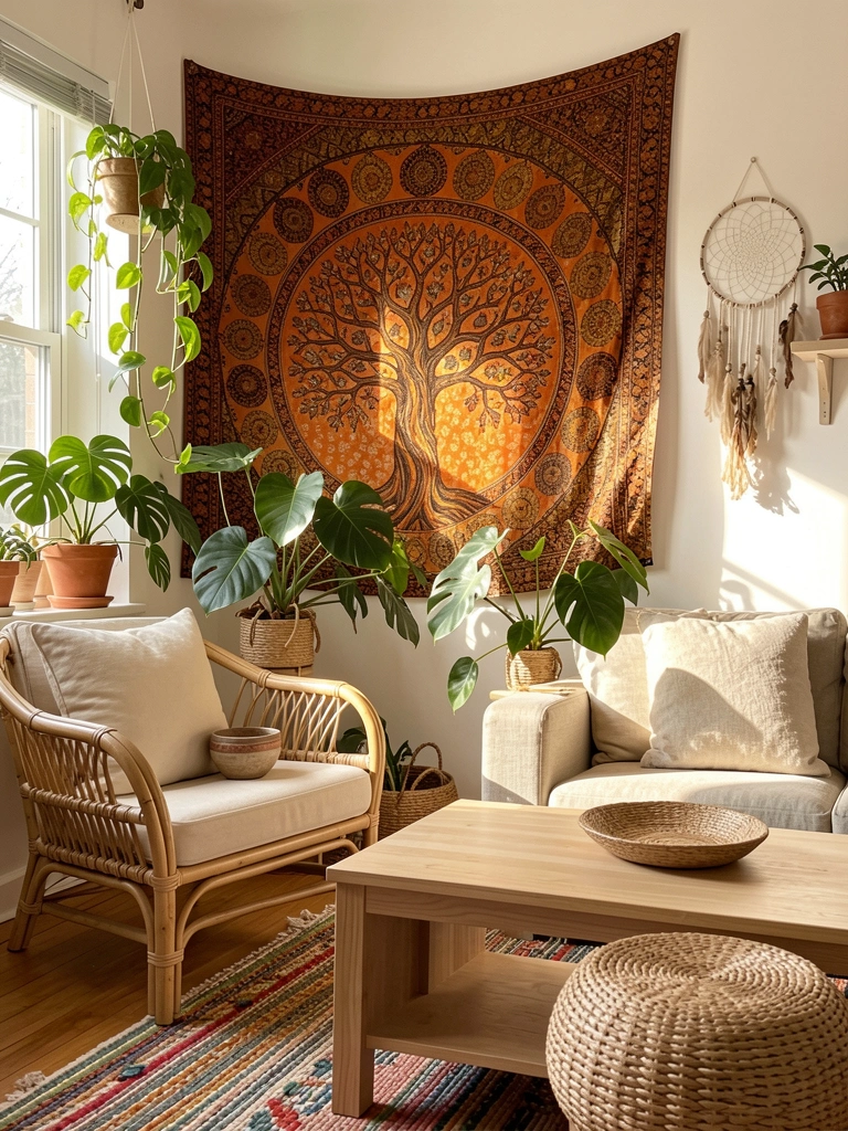 Tapeçaria vibrante com árvore da vida sobre mesa de centro de madeira clara, poltrona de rattan com almofada creme, plantas e luz natural.