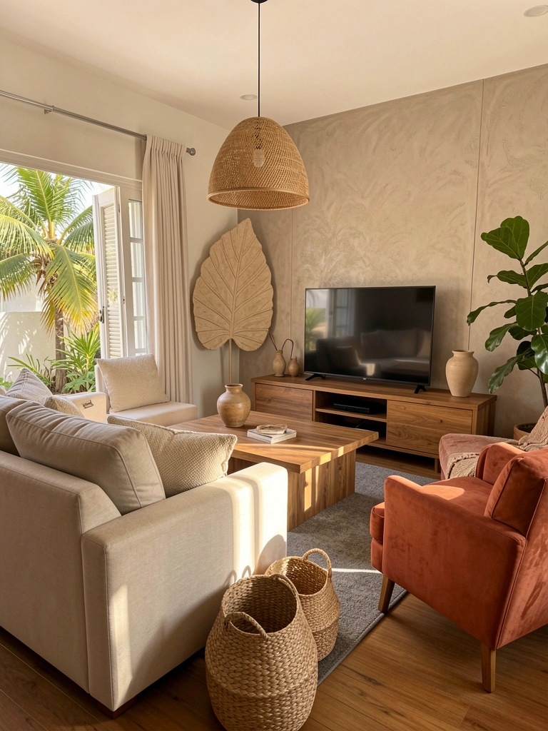 Sofá bege texturizado, luminária de rattan e escultura folhada na parede sob luz natural.