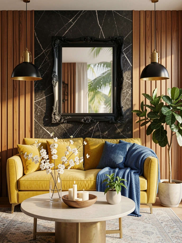 Moldura preta ornamentada sobre painéis de madeira, sofá amarelo com manta azul e mesa redonda clara com vaso de flores brancas.