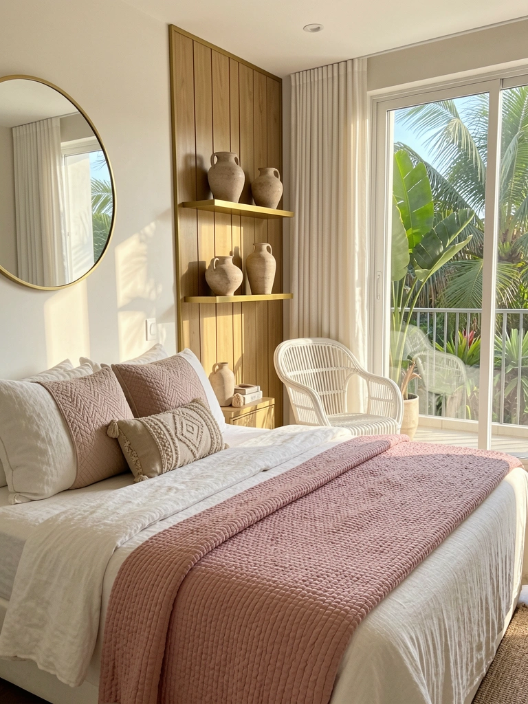 Cama de linho branco com colcha rosa texturizada, almofadas decorativas, espelho de moldura dourada e prateleiras com vasos de cerâmica, luz natural abundante.