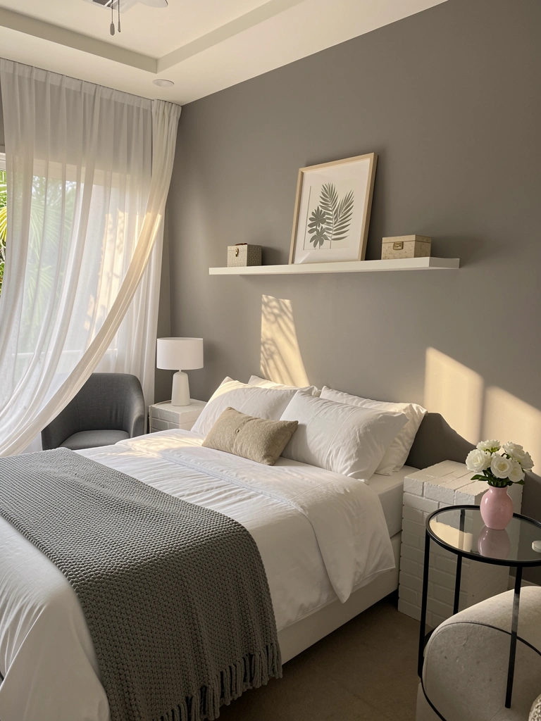 Cama queen-size com roupa de cama branca e manta cinza texturizada sob cortina branca, mesa lateral de metal preto com vaso rosa e flores brancas, parede cinza e prateleira com quadro botânico.