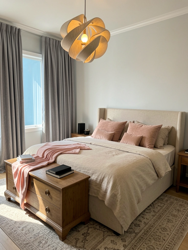 Cama estofada com roupa de cama bege e travesseiros blush, cômoda de madeira com manta rosa e livros, lustre escultórico e luz natural.