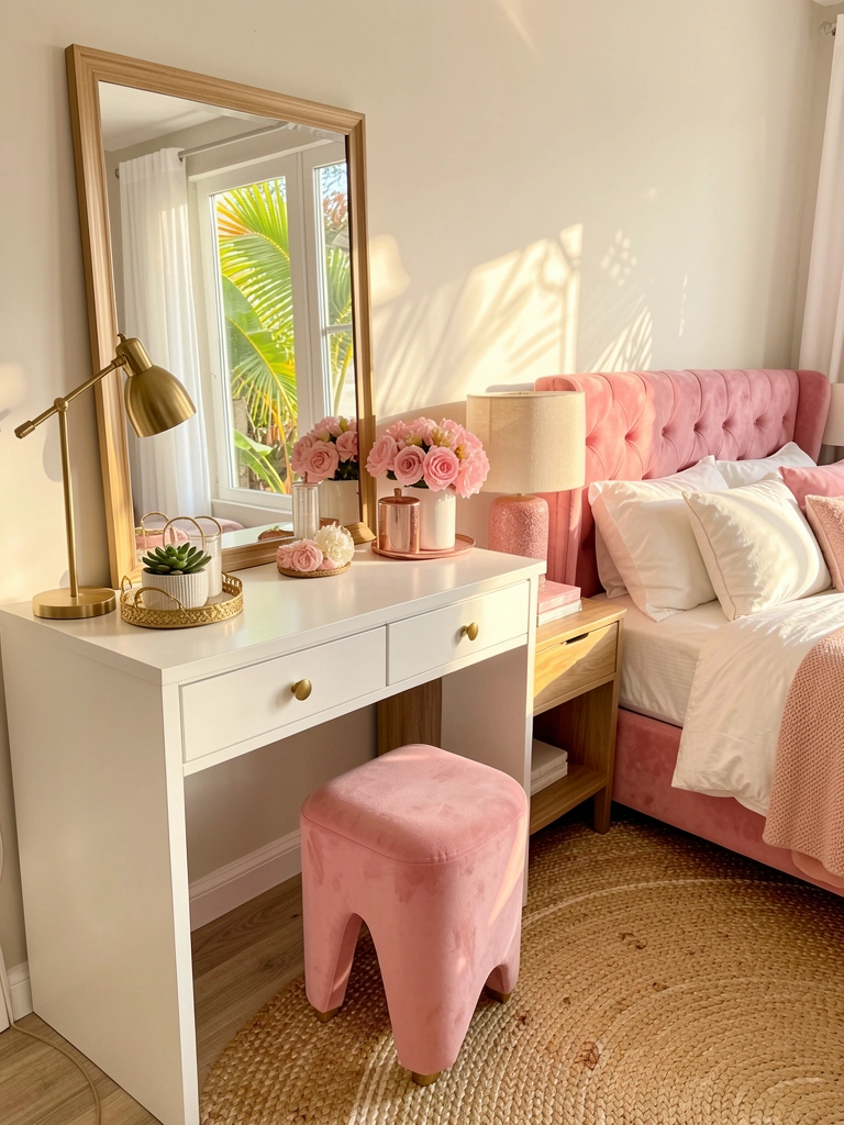 Penteadeira com espelho grande, abajur dourado e arranjo floral rosa, cama de dossel ao fundo e tapete de sisal.