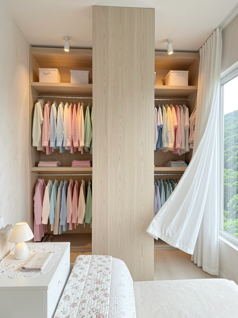 Prateleiras de madeira clara com roupas pastel separadas por divisória, luzes quentes e cômoda branca com lampadário cerâmico ao fundo de janela com vista verde.