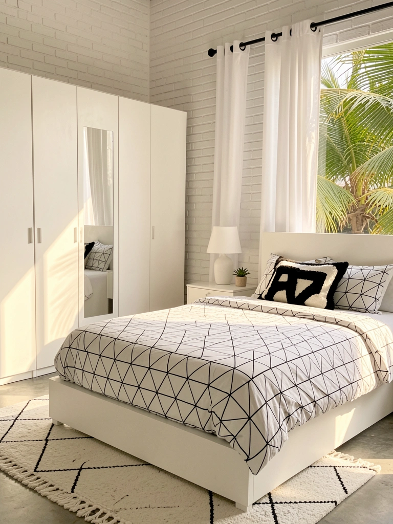 Parede de tijolos brancos, cama com colcha geométrica preta e branca, mesa de cabeceira com luminária e planta, luz natural.