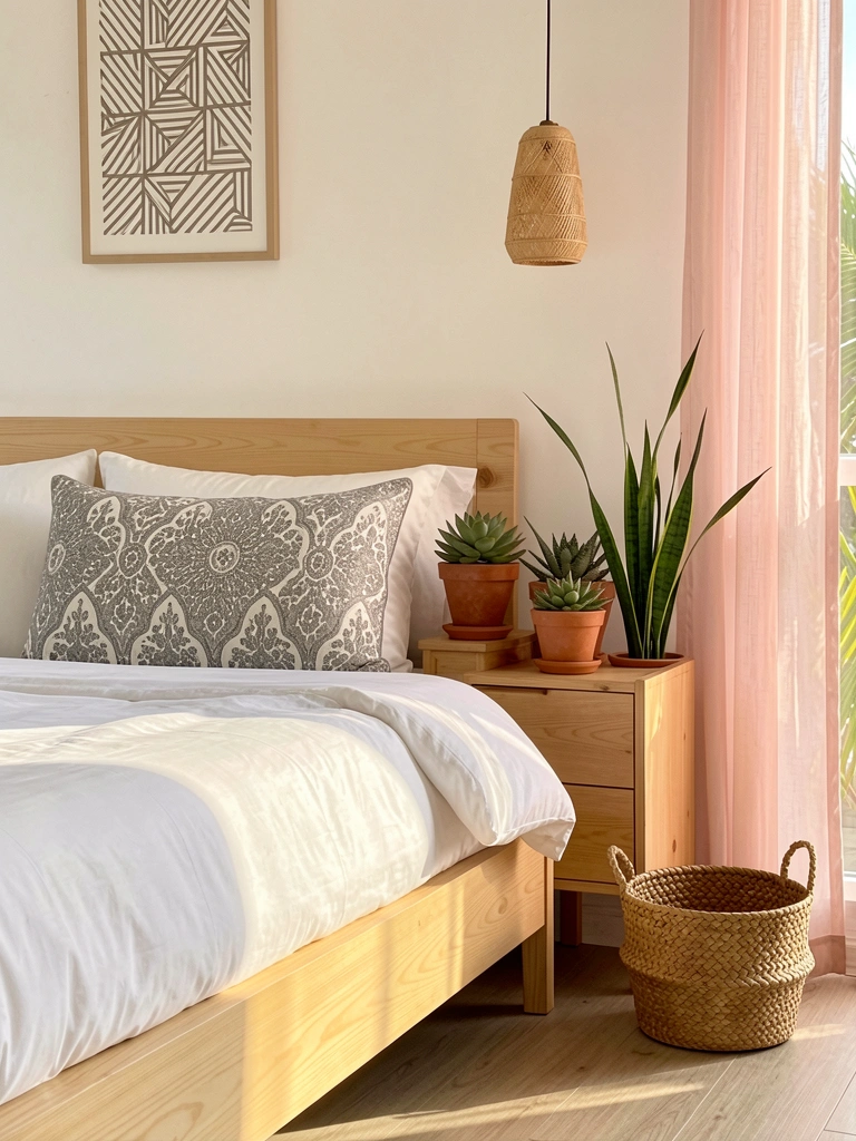 Cama de madeira clara com edredom branco e almofada cinza e branca, plantas em vasos sobre criado-mudo, cesto no chão e luz natural.