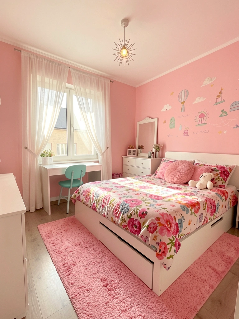 Cama baixa com edredom floral e tapete felpudo rosa, escrivaninha branca com cadeira turquesa sob janela iluminada, parede rosa com mural lúdico.