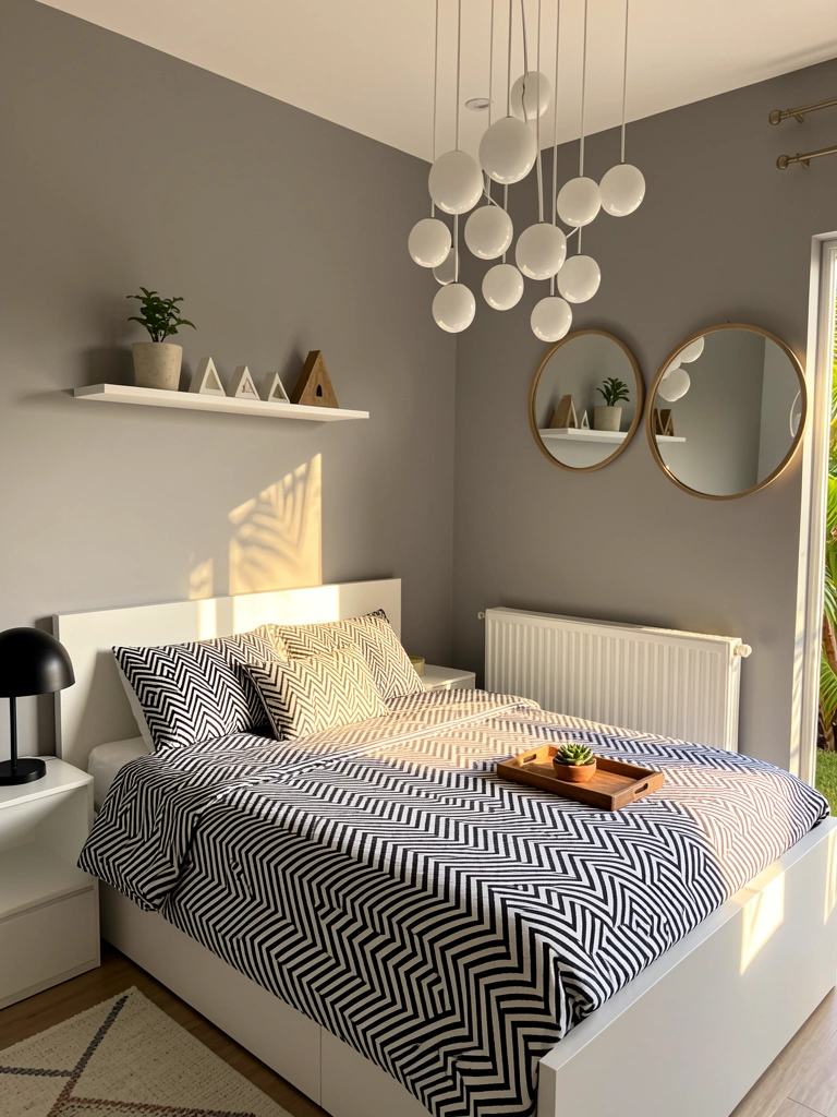 Cama com colcha xadrez preta e branca, luminária preta e vaso com suculenta sobre mesa de madeira, luz natural.