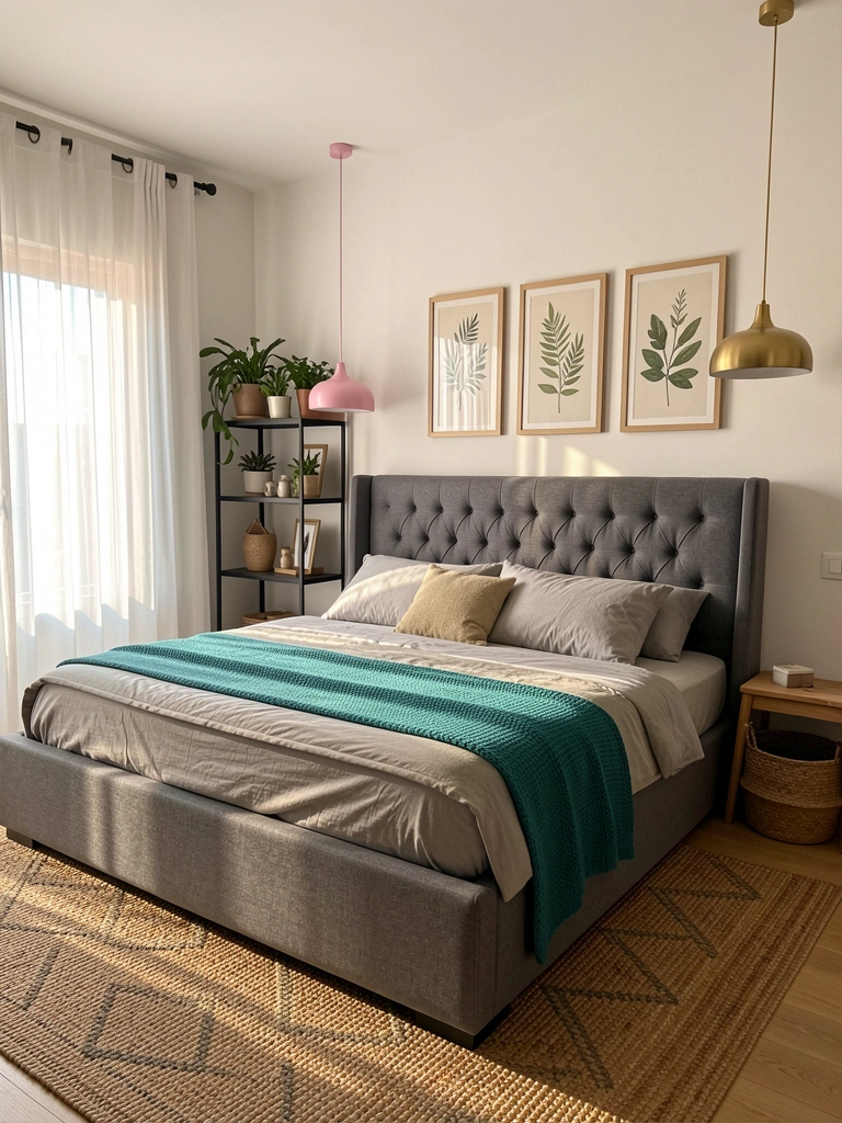 Cama estofada cinza com cabeceira estofada, manta verde-azulada e quadros botânicos na parede, sob luz natural filtrada por cortina branca.
