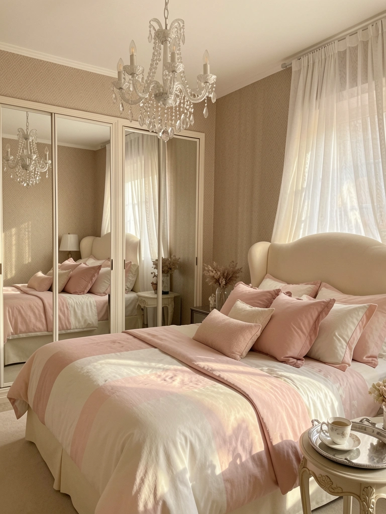 Lustre de cristal refletido em closets espelhados, cama com edredom rosa e almofadas, luz natural difusa.