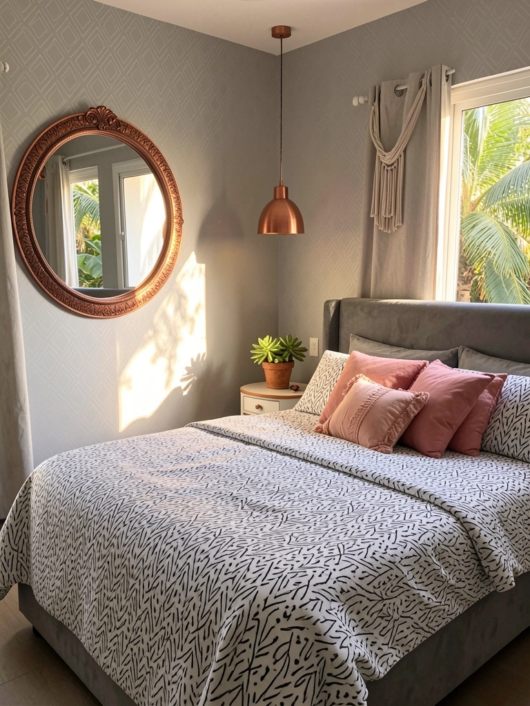 Cama cinza com edredom preto e branco, almofada rosa blush e espelho redondo de cobre refletindo a luz natural.