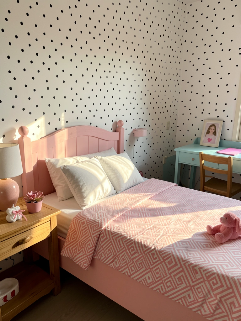 Parede branca com bolinhas pretas atrás de cama rosa clara, edredom geométrico rosa e branco, mesa azul com cadeira de madeira ao fundo.