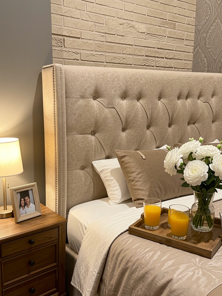 Cama com cabeceira beige acolchoada e capitonê, parede de tijolinho texturizado, criado-mudo de madeira com moldura e abajur, bandeja com suco na cama.