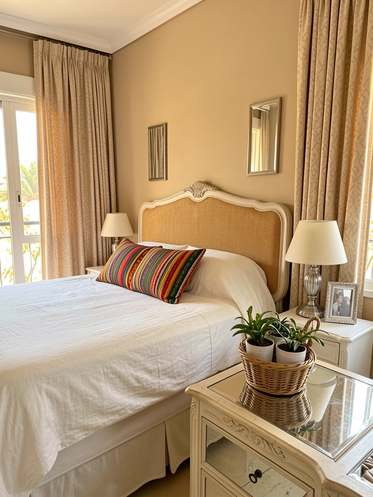 Cama com dossel, roupa de cama branca e almofada listrada colorida, cabeceira de vime clara com espelhos retangulares, mesa de cabeceira branca com abajur e porta-retrato prateado, cômoda espelhada com cesto de vime e vasos de plantas, cortinas bege do chão ao teto, luz natural suave.