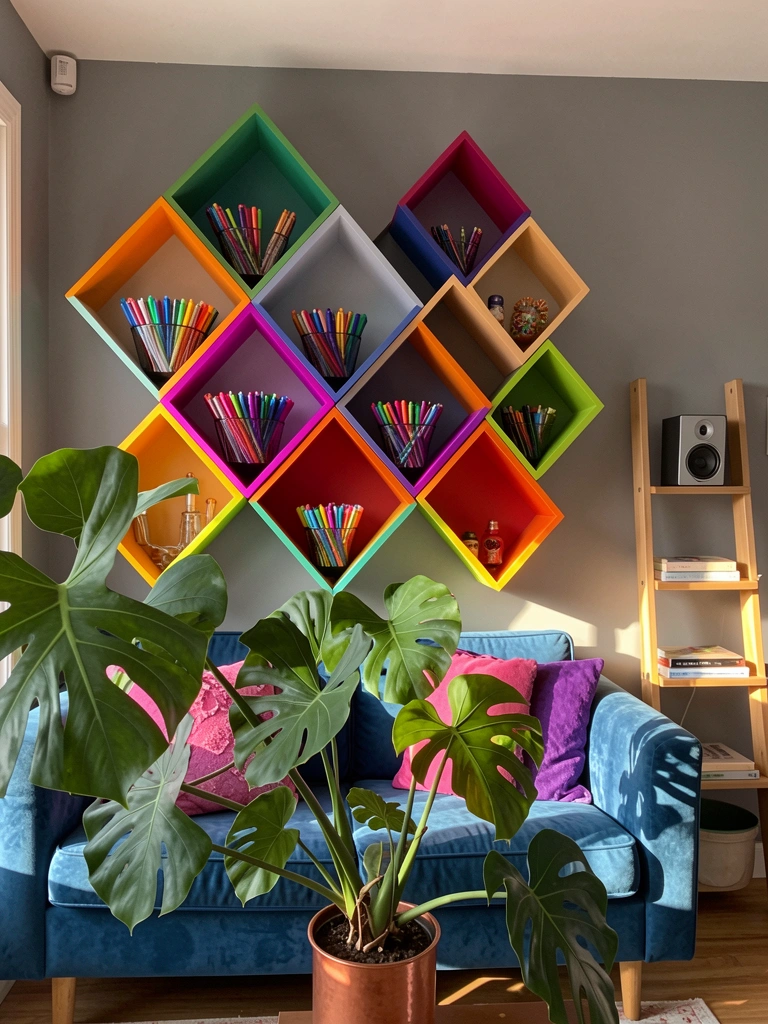 Estante geométrica com compartimentos coloridos em diamante contra parede cinza, sofá azul com almofadas rosas e planta verde em vaso de cobre à luz natural.