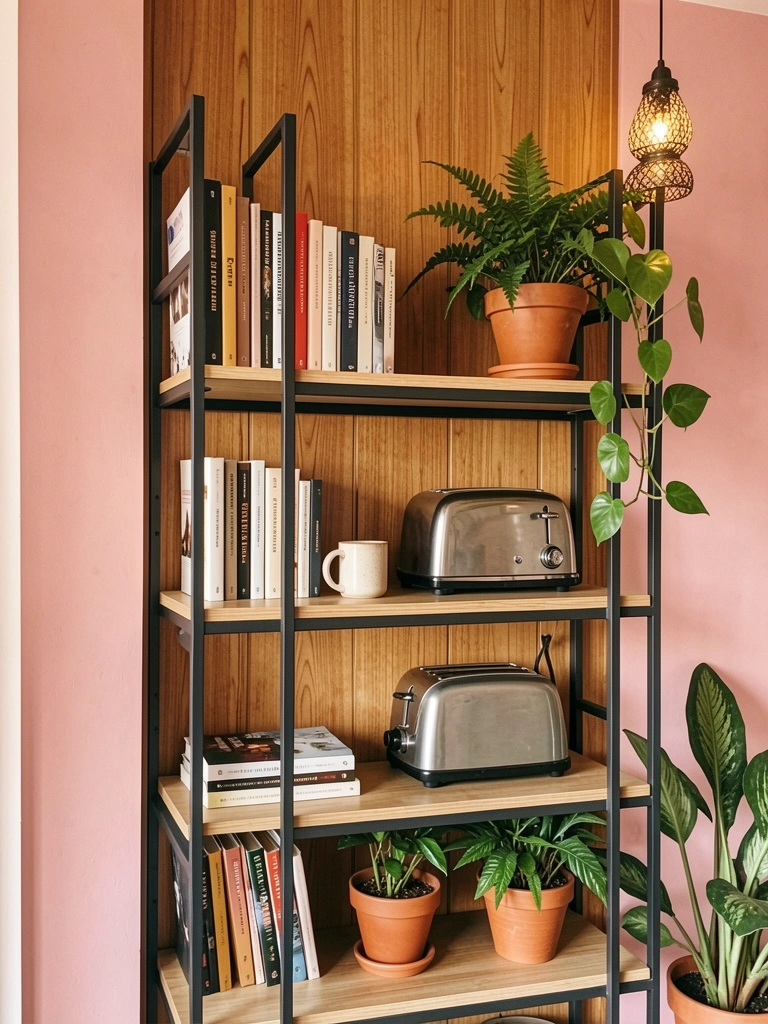 Prateleira de metal escuro com livros, bule vintage e vasos de terracota contra parede de madeira e rosa, luz natural suave.