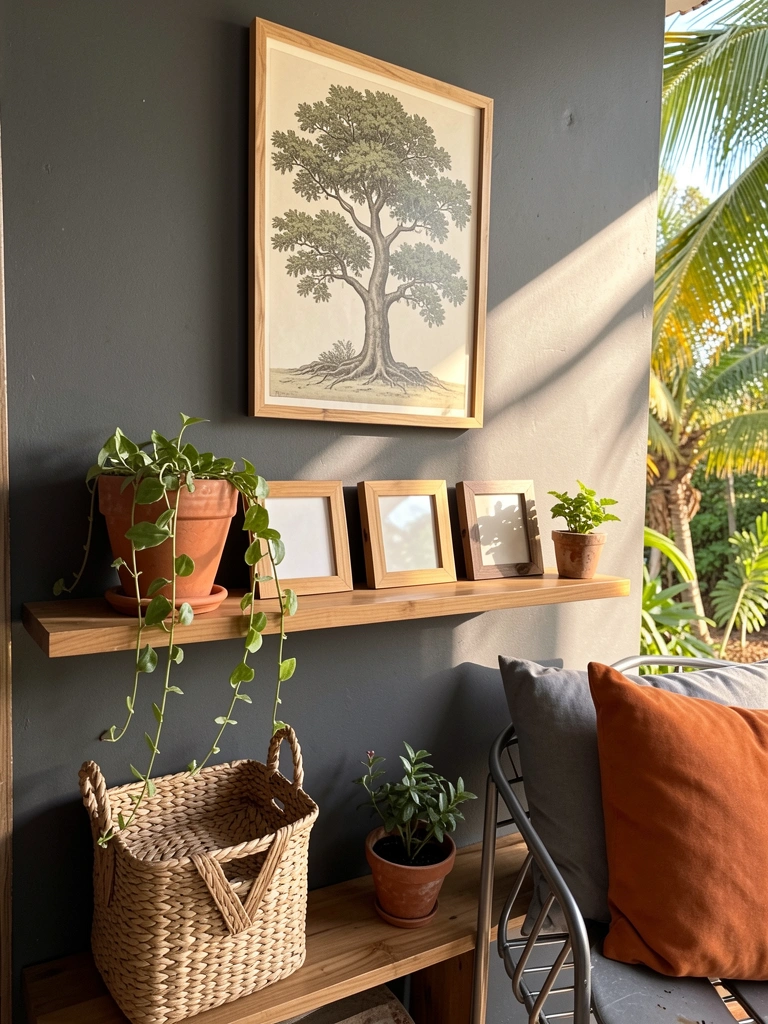 Prateleira de madeira escura com moldura de árvore, vaso de terracota com planta pendente e almofada laranja em cadeira de metal, luz natural.