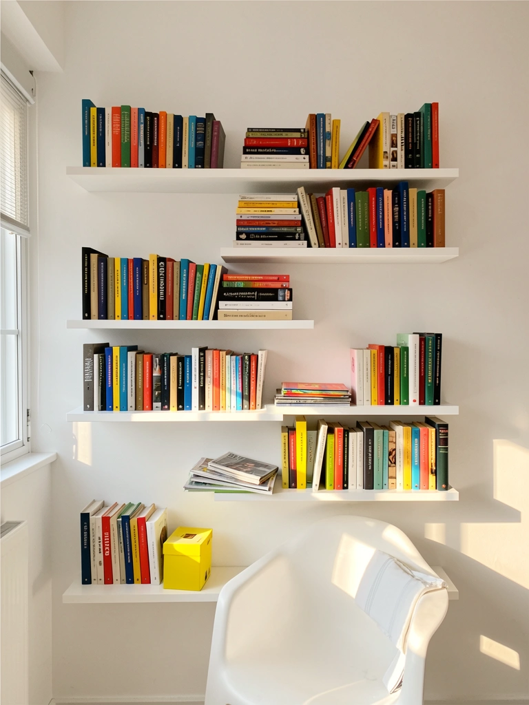 Luz natural incide sobre cinco prateleiras flutuantes brancas com livros coloridos e uma poltrona de plástico branca parcialmente oculta.