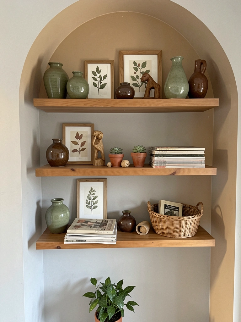 Prateleiras de madeira com vasos verdes, quadros botânicos, suculenta e revistas empilhadas, luz natural suave, parede bege e cinza.