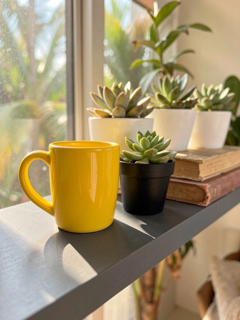 Caneca amarela de cerâmica ao lado de suculenta em vaso preto, sobre prateleira cinza com livros e suculentas em vasos brancos, iluminada por luz difusa.